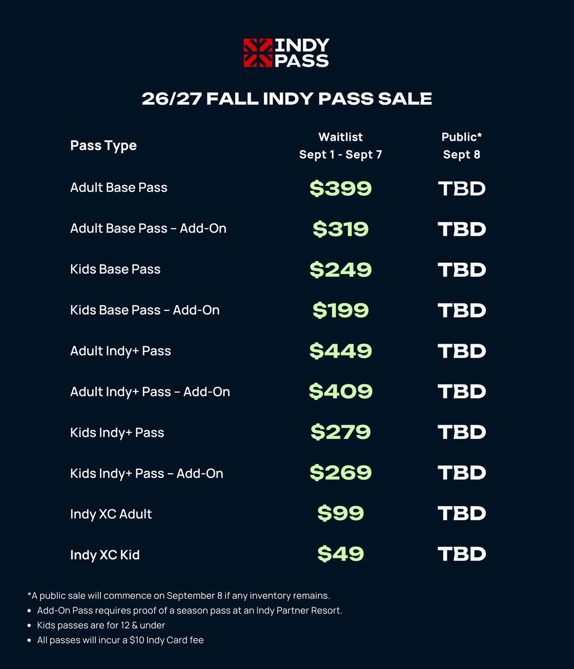 26-27 Fall Indy Pass Pricing